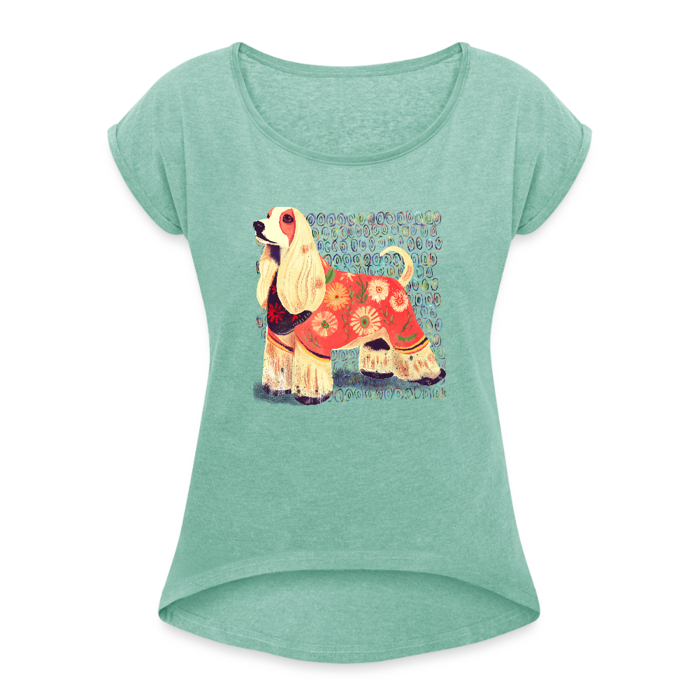 Frauen T-Shirt mit gerollten Ärmeln - “Dog Figurine” - Minze meliert