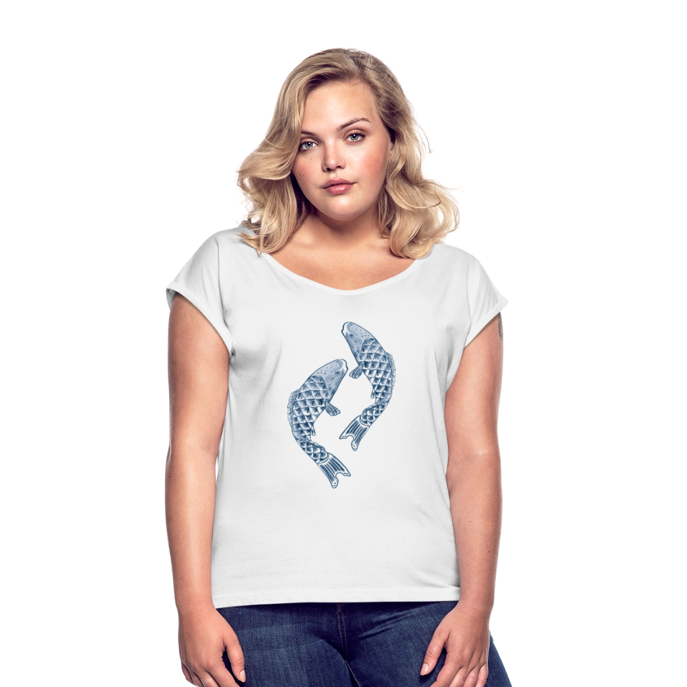 Frauen T-Shirt mit gerollten Ärmeln - “Blaue Kois” - Weiß