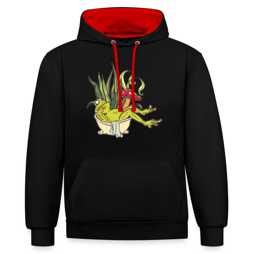 Kontrast-Hoodie - “Cottagecore_Frosch in der Wanne” - Schwarz/Rot