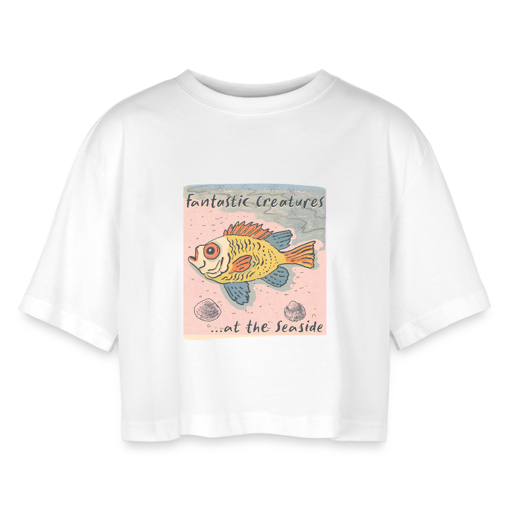Frauen Oversized Cropped T-Shirt - "Fantastic Creatures" - Weiß