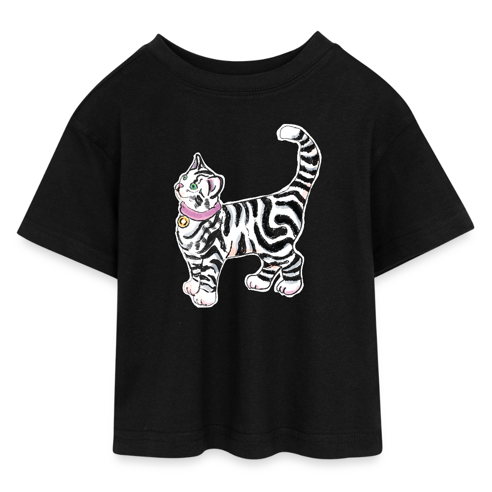 Teen Cropped Jersey T-Shirt - “Getigerte Katze” - Schwarz