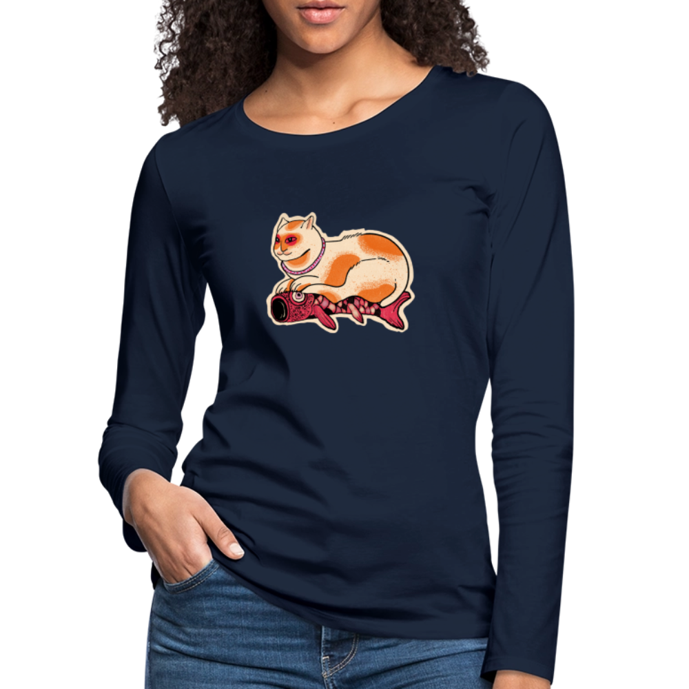Frauen Premium Langarmshirt - “Katze & Koinobori” - Navy