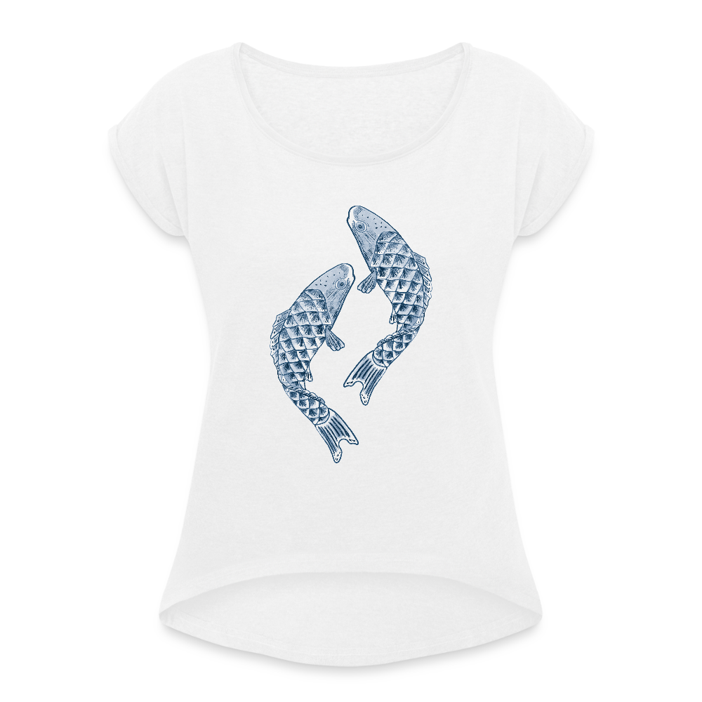 Frauen T-Shirt mit gerollten Ärmeln - “Blaue Kois” - Weiß