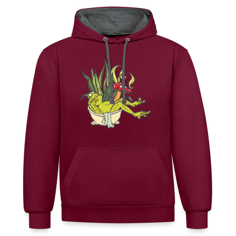 Kontrast-Hoodie - “Cottagecore_Frosch in der Wanne” - Weinrot/Anthrazit