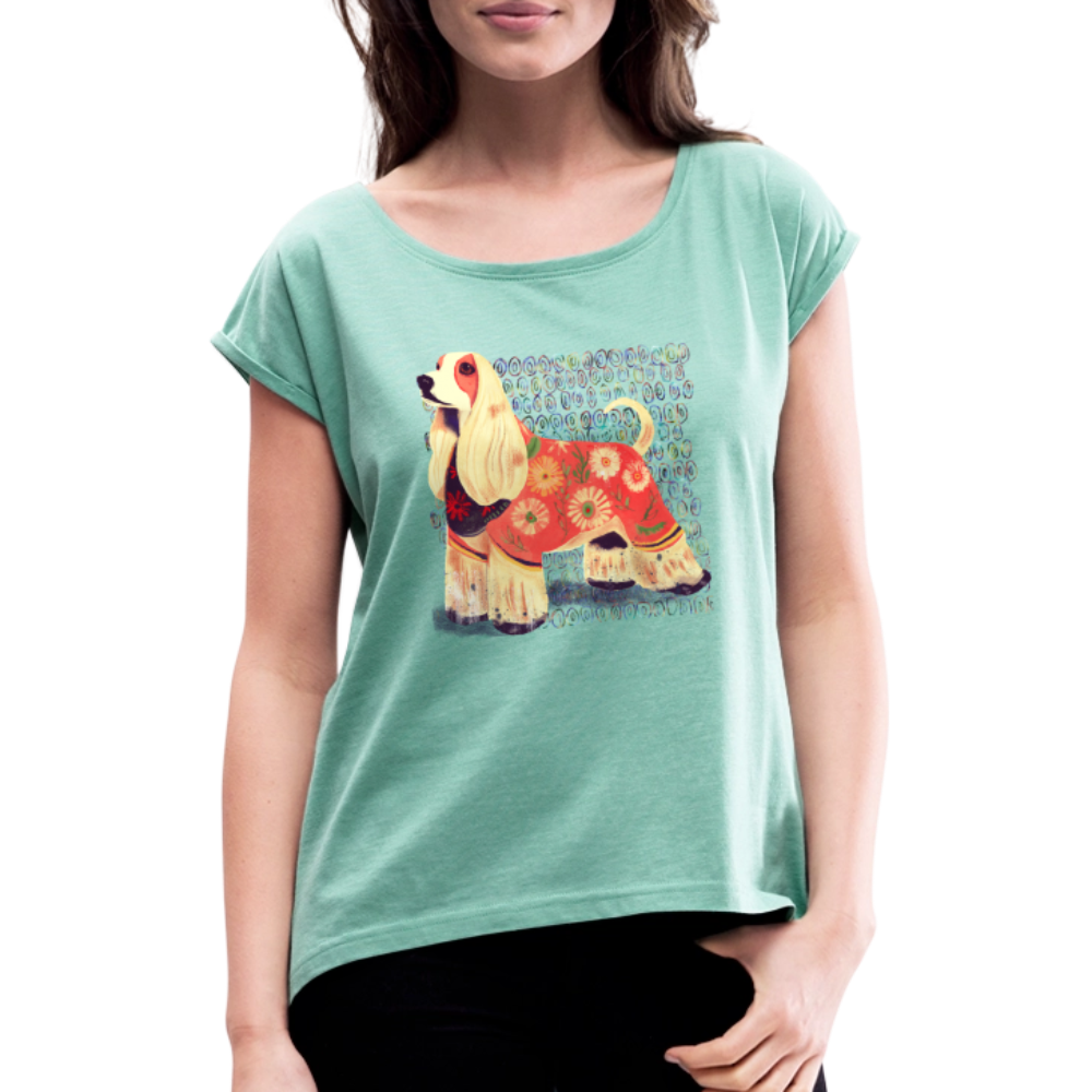 Frauen T-Shirt mit gerollten Ärmeln - “Dog Figurine” - Minze meliert