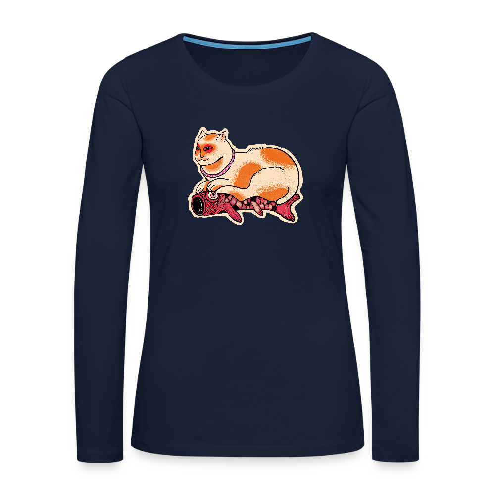 Frauen Premium Langarmshirt - “Katze & Koinobori” - Navy