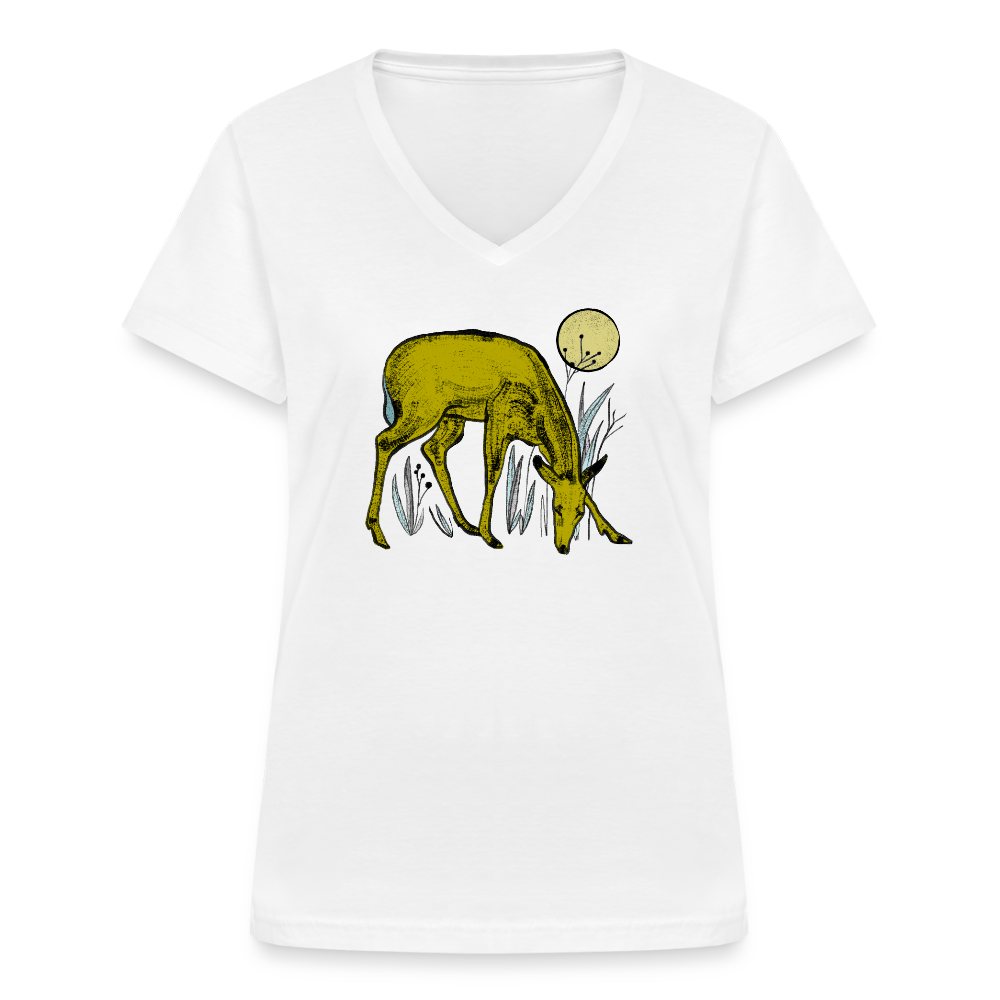 Klassisches Frauen-T-Shirt mit V-Ausschnitt - "Reh in Olive" - Weiß