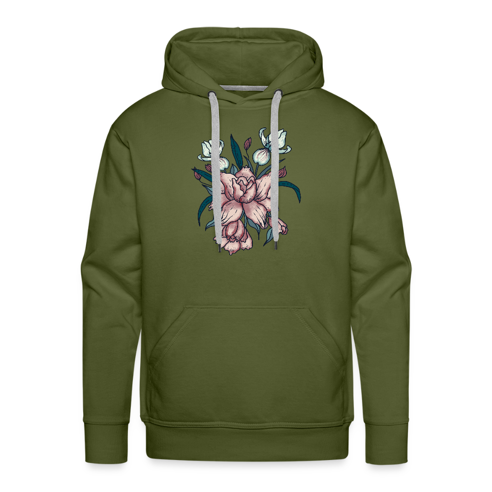 Men’s Premium Hoodie - "Vintage-Orchideen" - Olivgrün