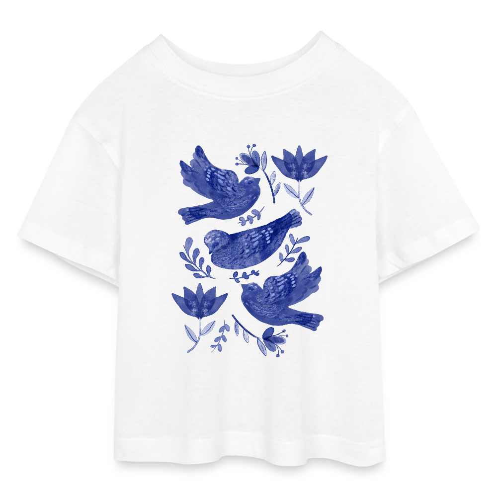 Teen Cropped Jersey T-Shirt - “Fayence Vögel” - Weiß