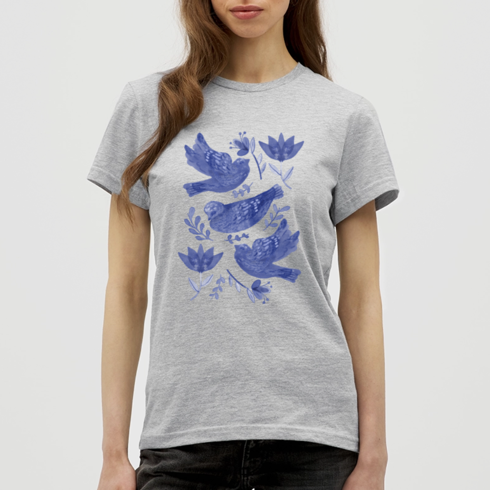 Frauen T-Shirt - “Fayence Vögel” - Grau meliert