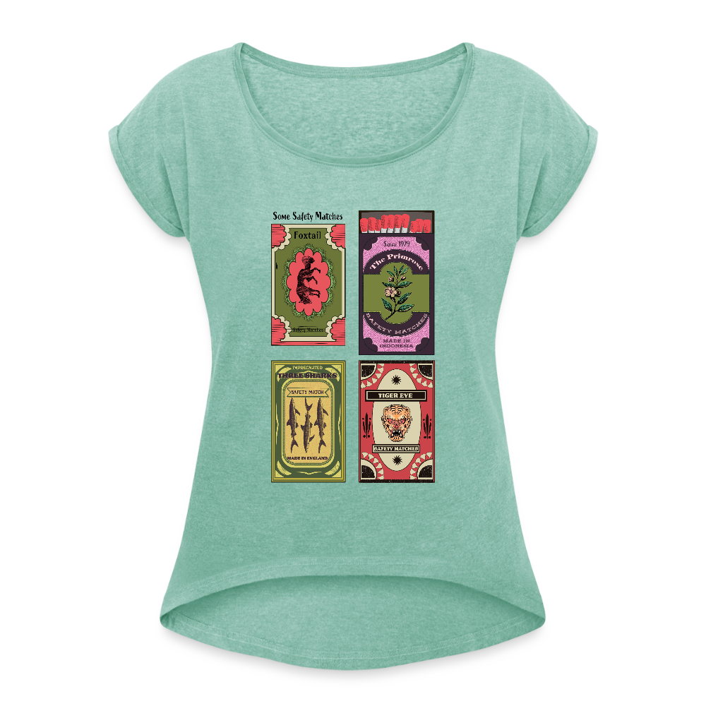 Frauen T-Shirt mit gerollten Ärmeln - "Safety Matches" - Minze meliert