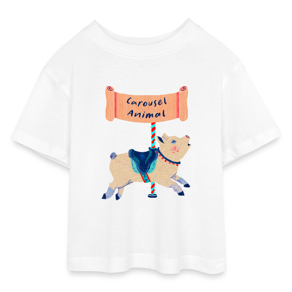 Teen Cropped Jersey T-Shirt - “Carousel Animal” - Weiß