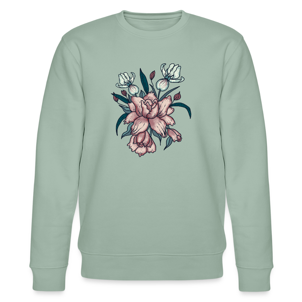 Männer Bio-Sweatshirt - "Vintage-Orchideen" - Helles Graugrün