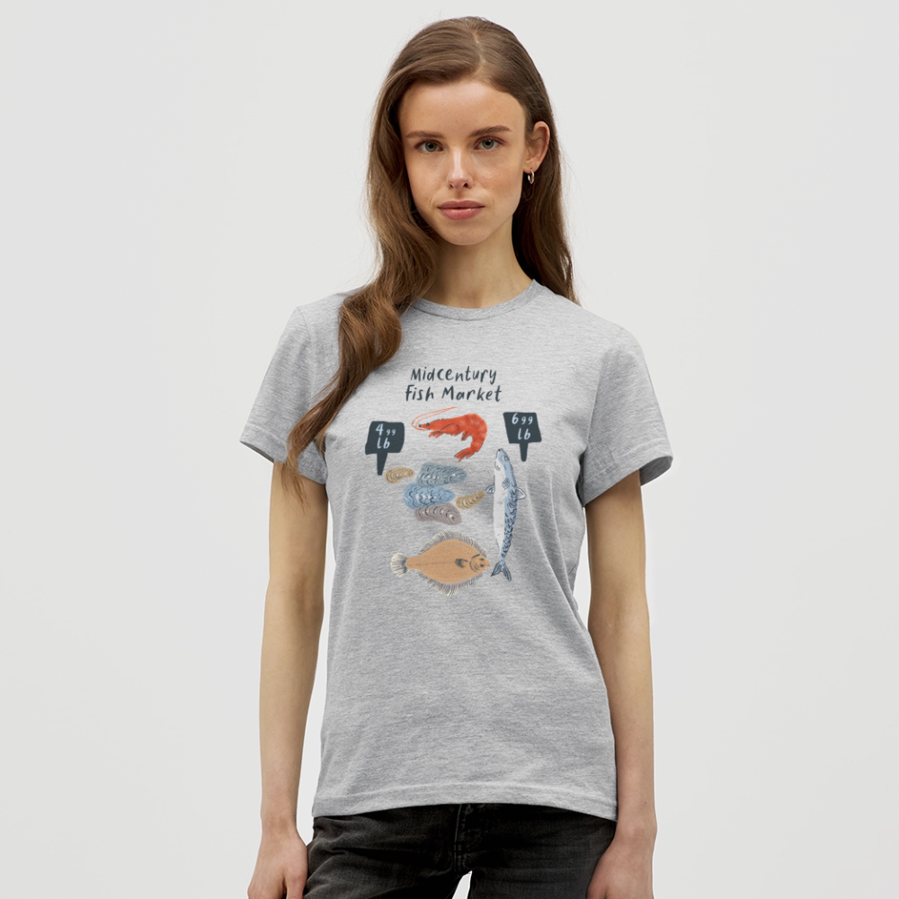 Frauen T-Shirt - “Midcentury Fish Market” - Grau meliert