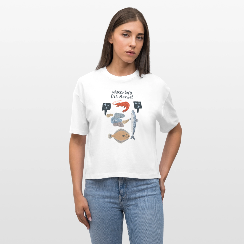 Stanley/Stella Frauen Boxy Bio-T-Shirt - “Midcentury Fish Market” - Weiß