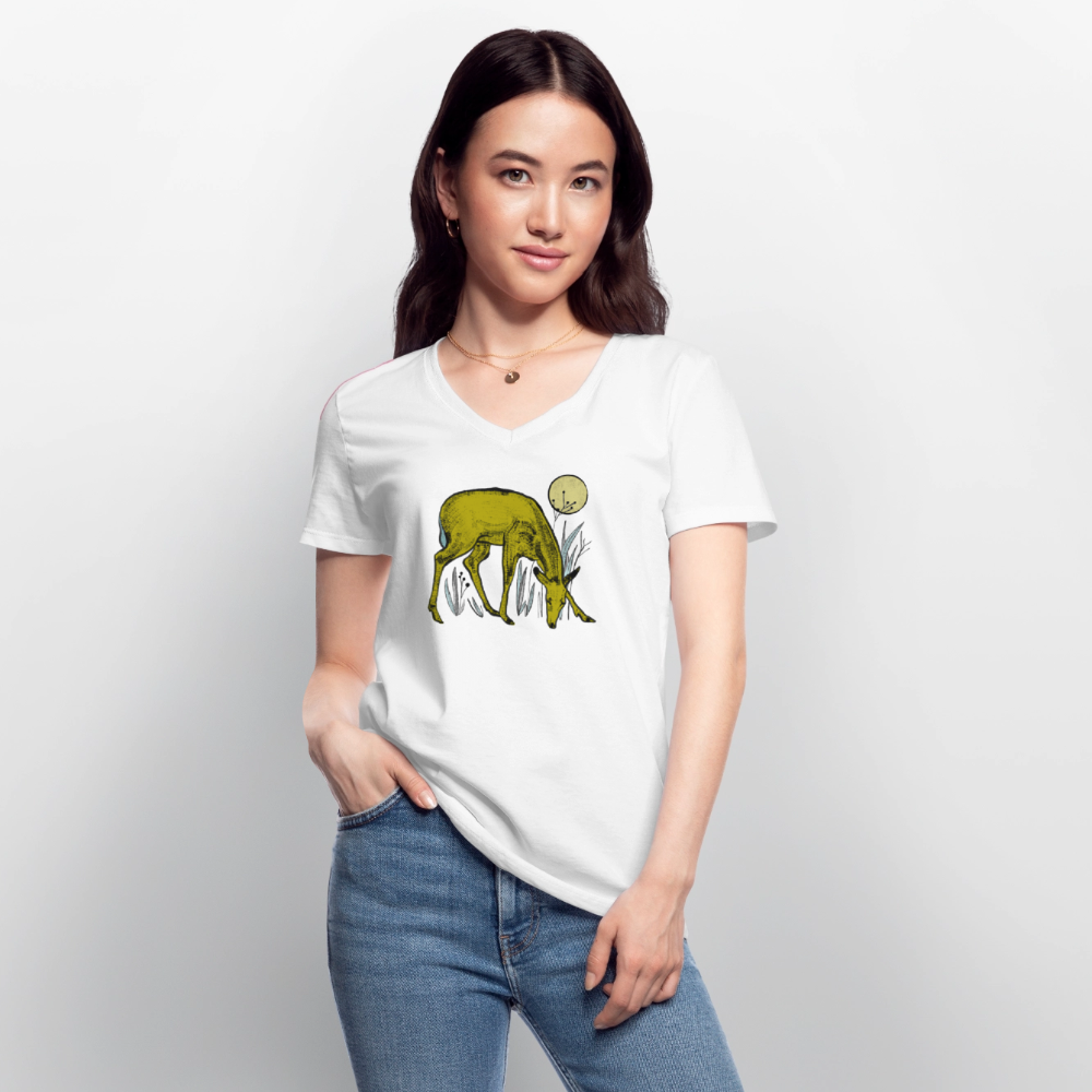 Klassisches Frauen-T-Shirt mit V-Ausschnitt - "Reh in Olive" - Weiß