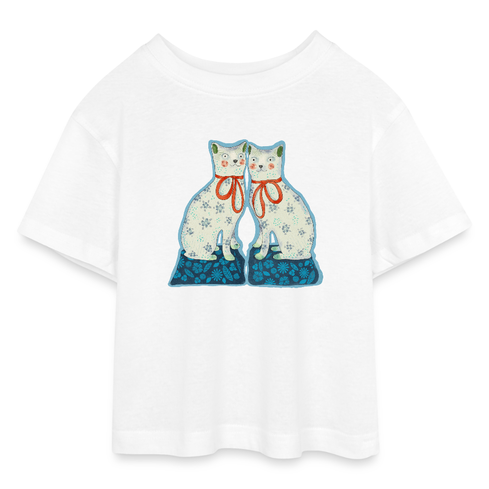 Teen Cropped Jersey T-Shirt - “Zwei Porzellankatzen” - Weiß