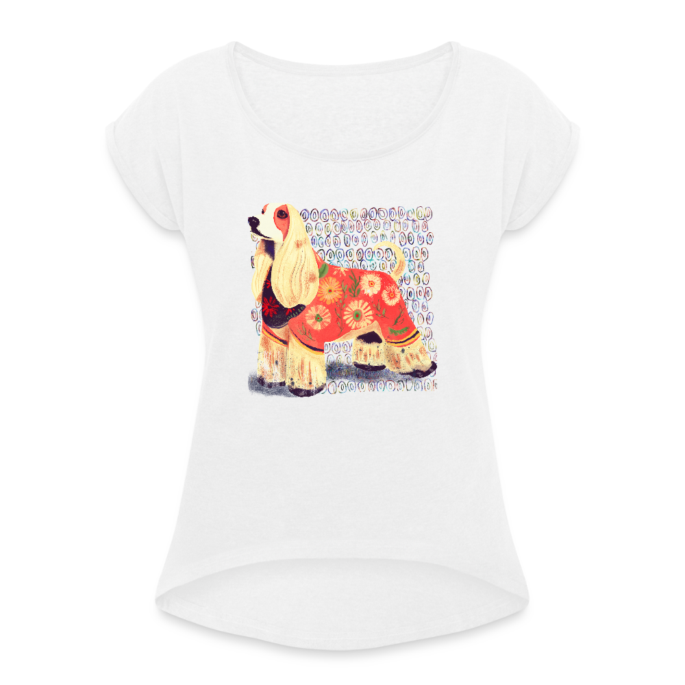 Frauen T-Shirt mit gerollten Ärmeln - “Dog Figurine” - Weiß