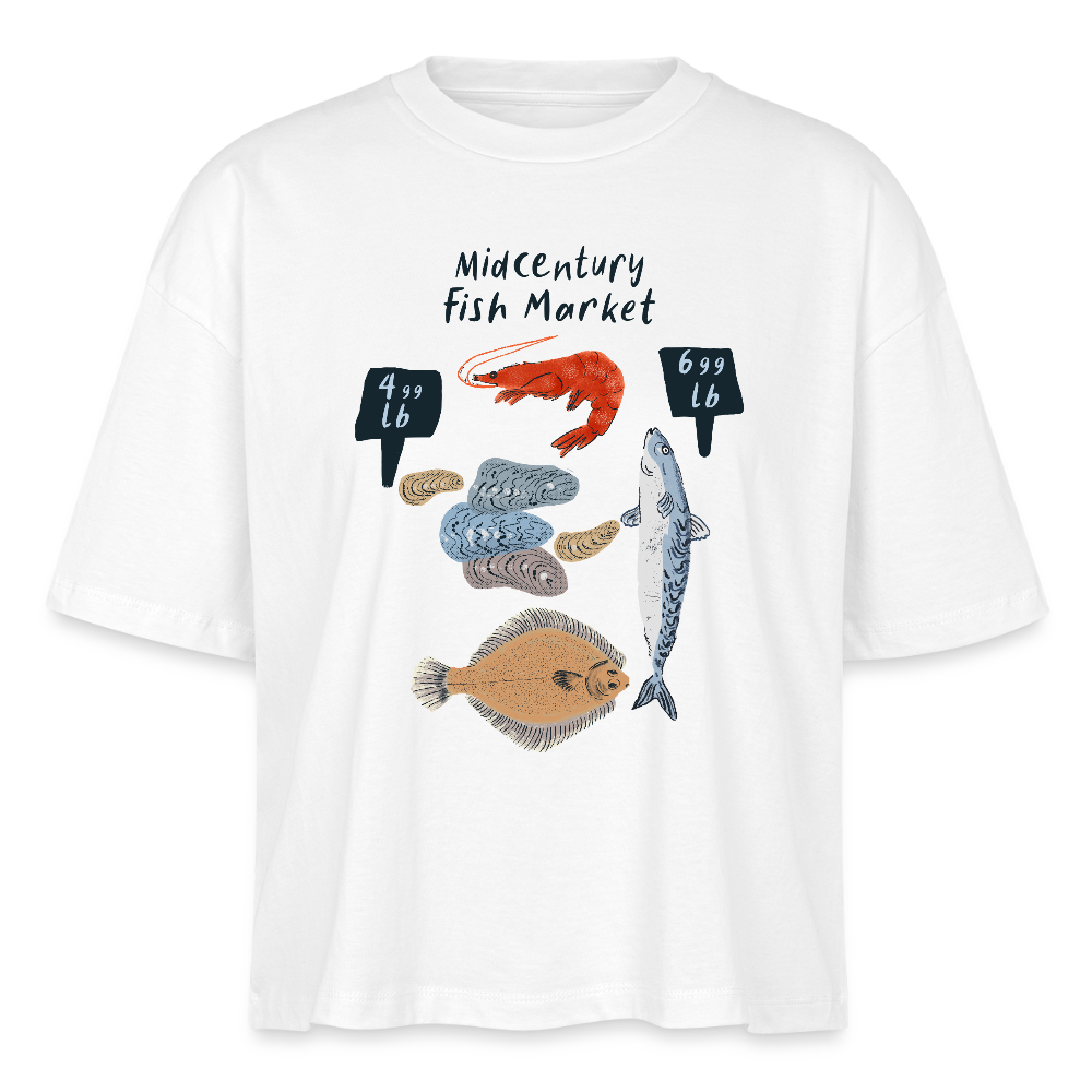 Stanley/Stella Frauen Boxy Bio-T-Shirt - “Midcentury Fish Market” - Weiß