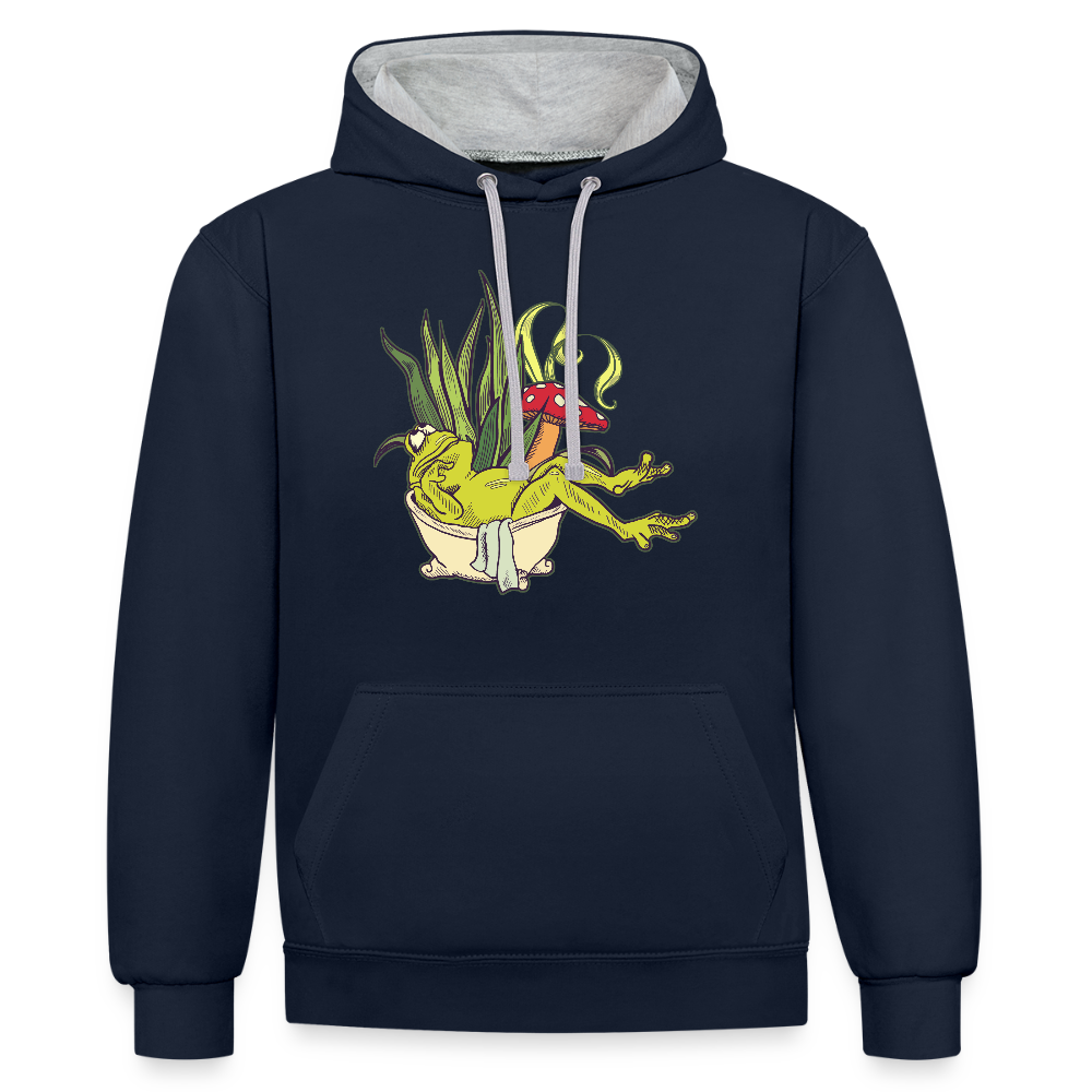 Kontrast-Hoodie - “Cottagecore_Frosch in der Wanne” - Navy/Grau meliert
