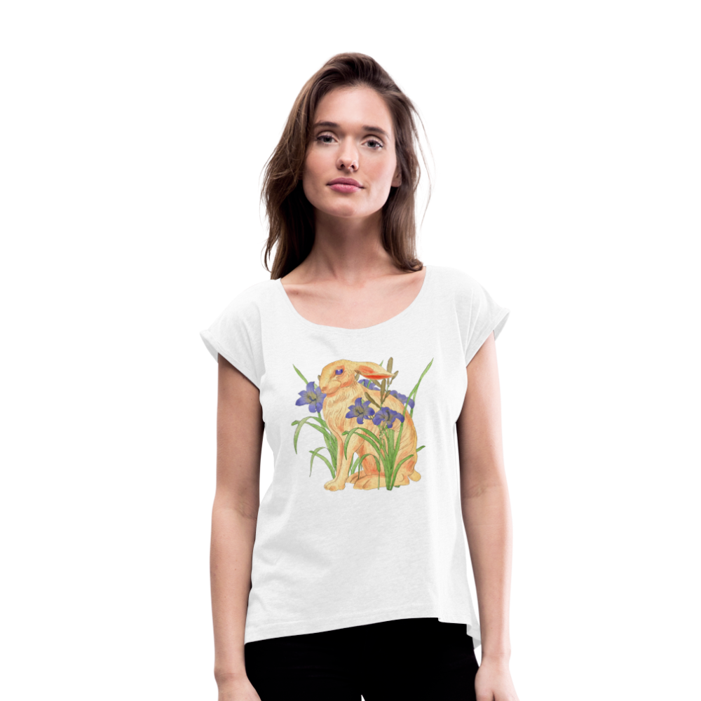 Frauen T-Shirt mit gerollten Ärmeln - "Feldhase" - weiß