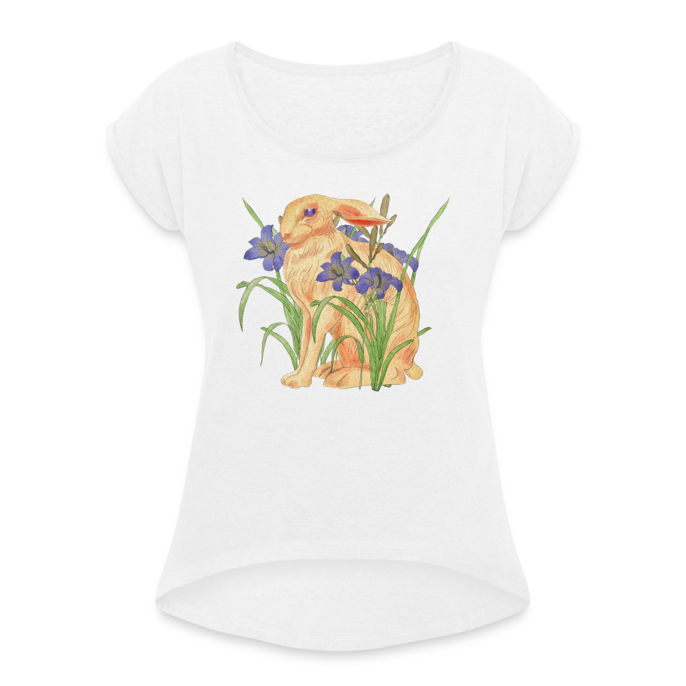 Frauen T-Shirt mit gerollten Ärmeln - "Feldhase" - weiß