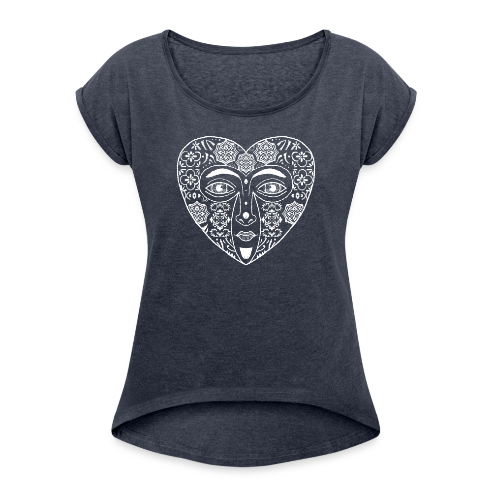Frauen T-Shirt mit gerollten Ärmeln - “Azulejo Herz” - Navy meliert