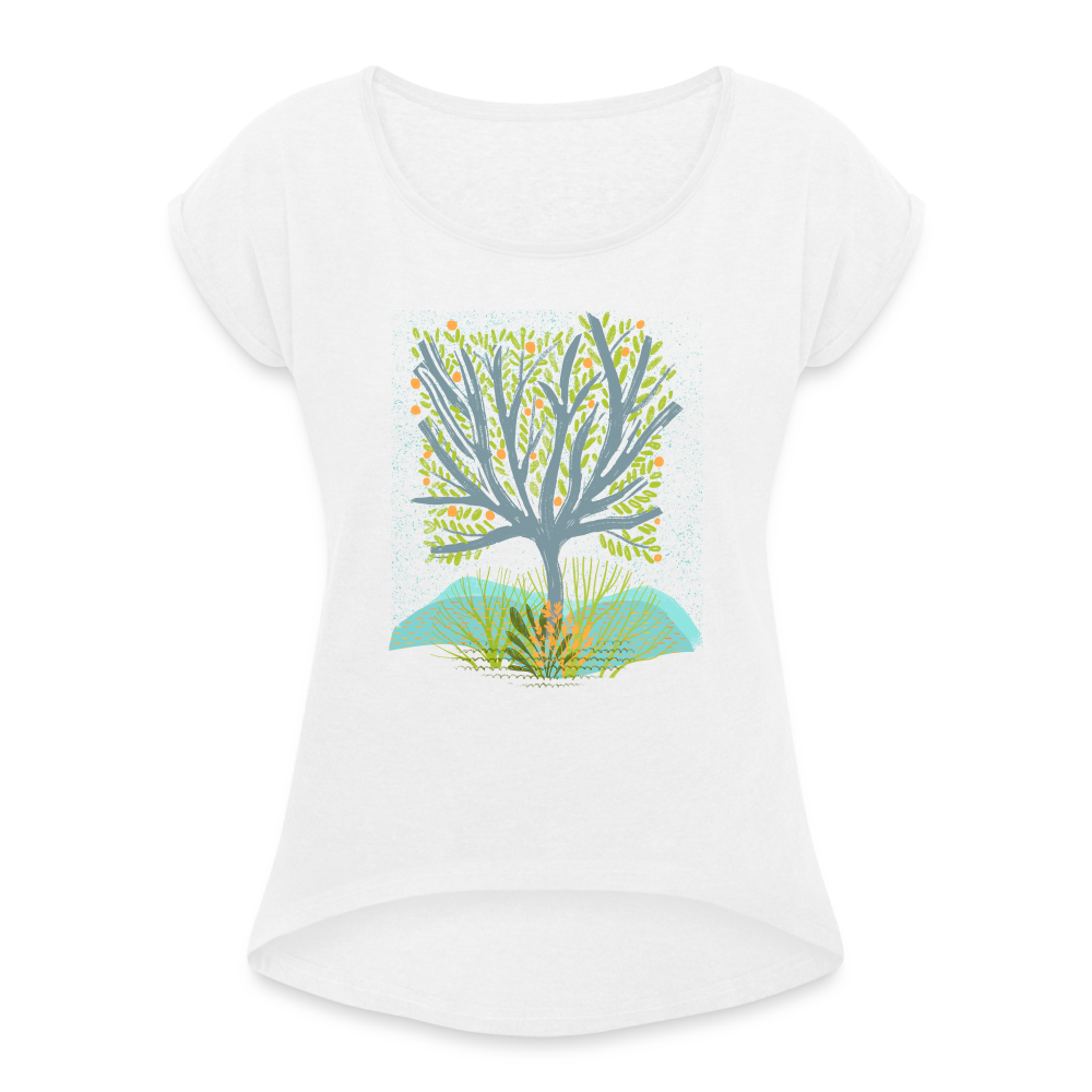 Frauen T-Shirt mit gerollten Ärmeln - “Frühlingswiese” - weiß