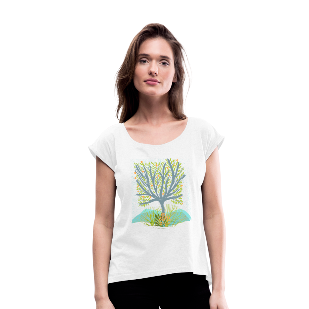 Frauen T-Shirt mit gerollten Ärmeln - “Frühlingswiese” - weiß