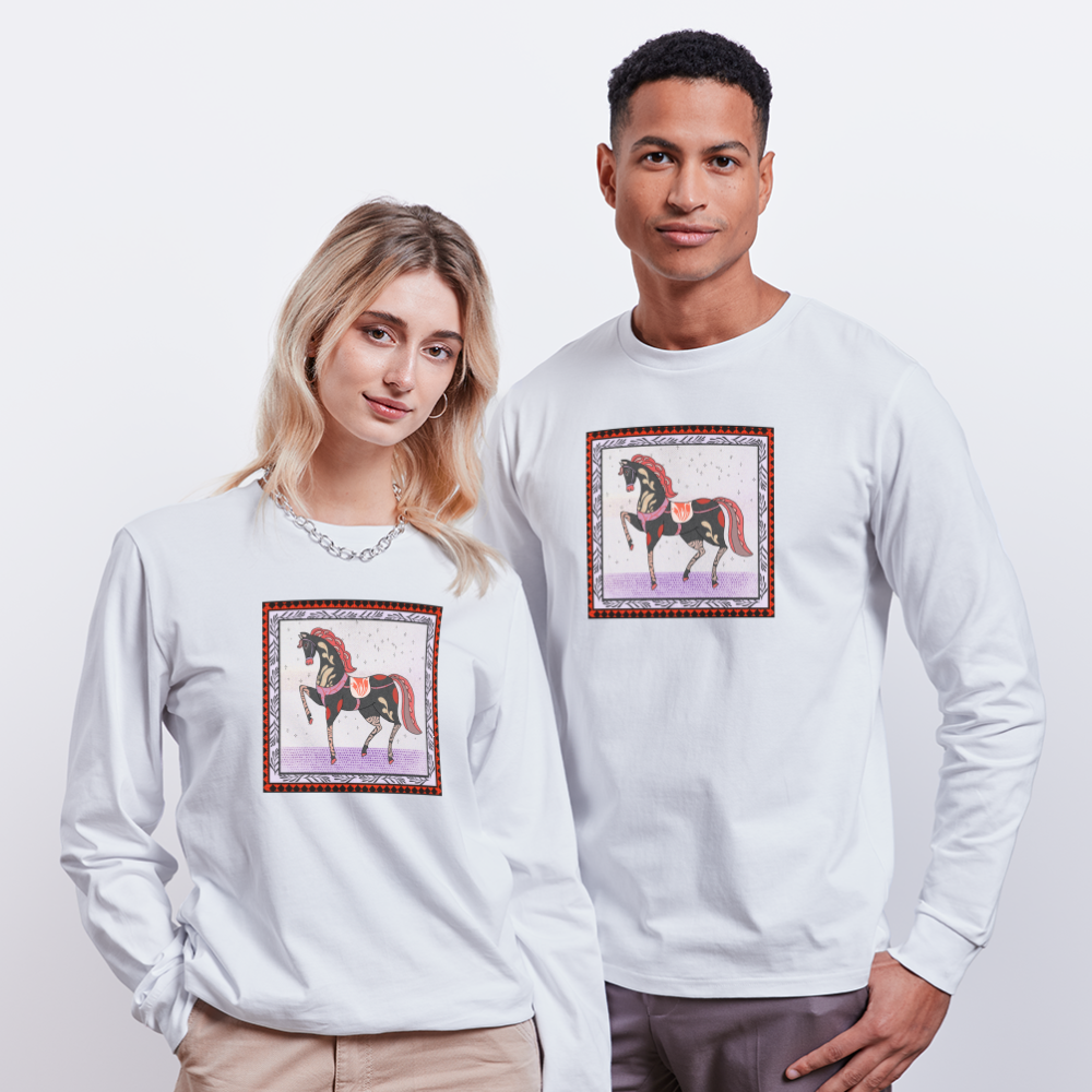 Stanley/Stella Unisex Bio-Langarmshirt - "Rotes Pferd" - weiß
