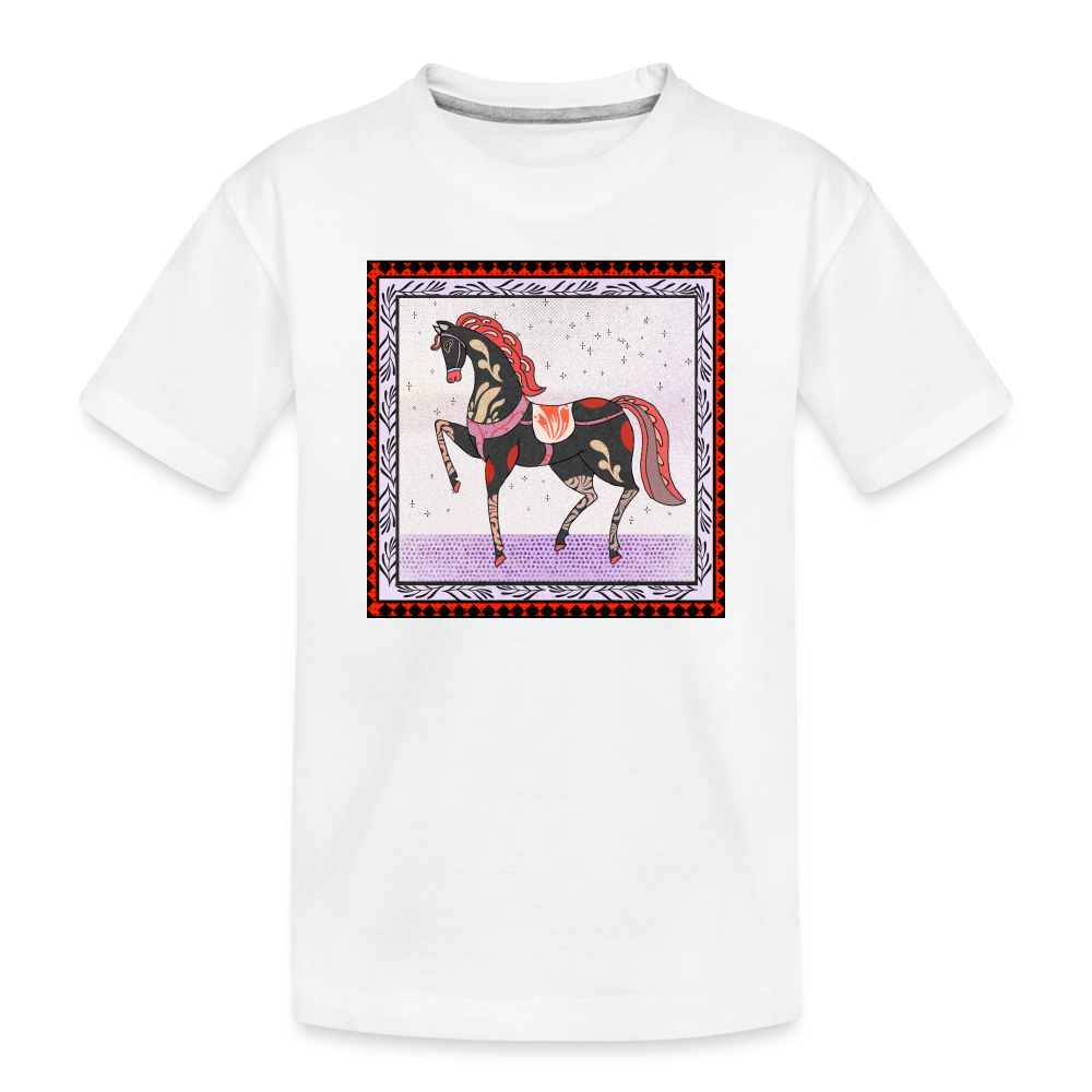 Kinder Premium Bio T-Shirt - "Rotes Pferd" - weiß