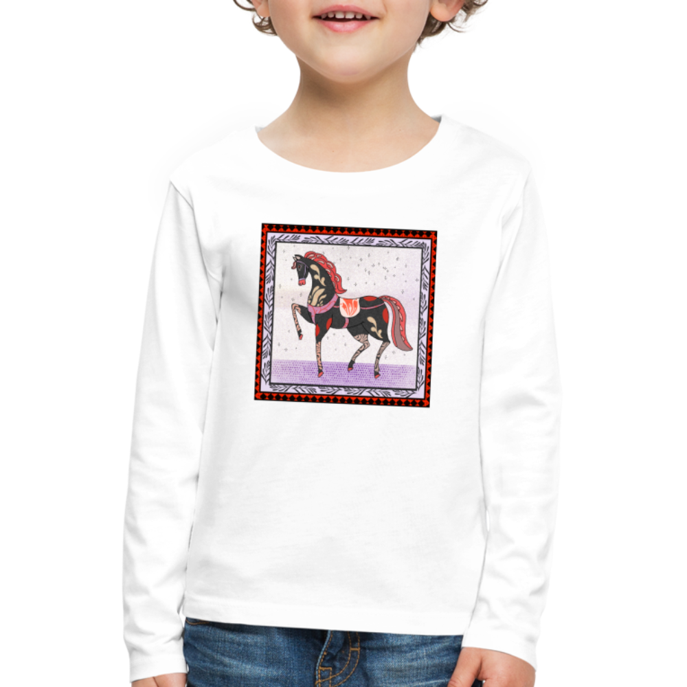 Kinder Premium Langarmshirt - "Rotes Pferd" - weiß