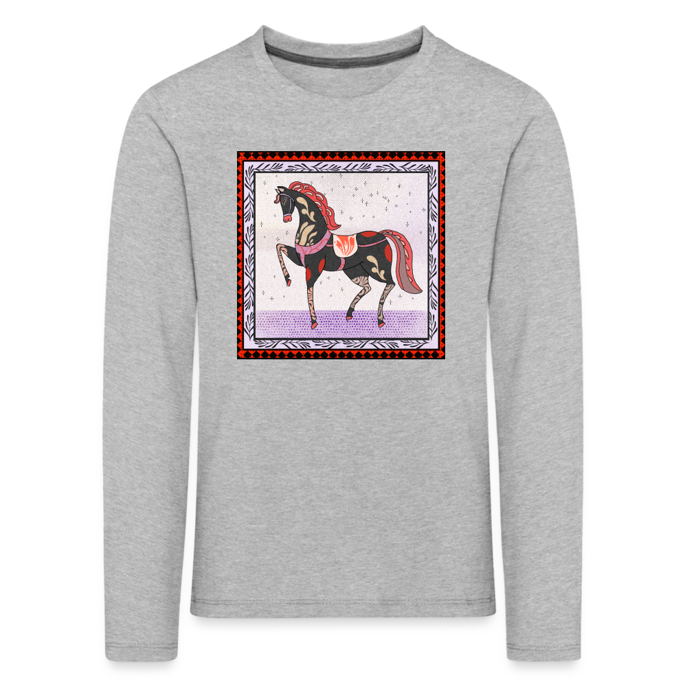 Kinder Premium Langarmshirt - "Rotes Pferd" - Grau meliert