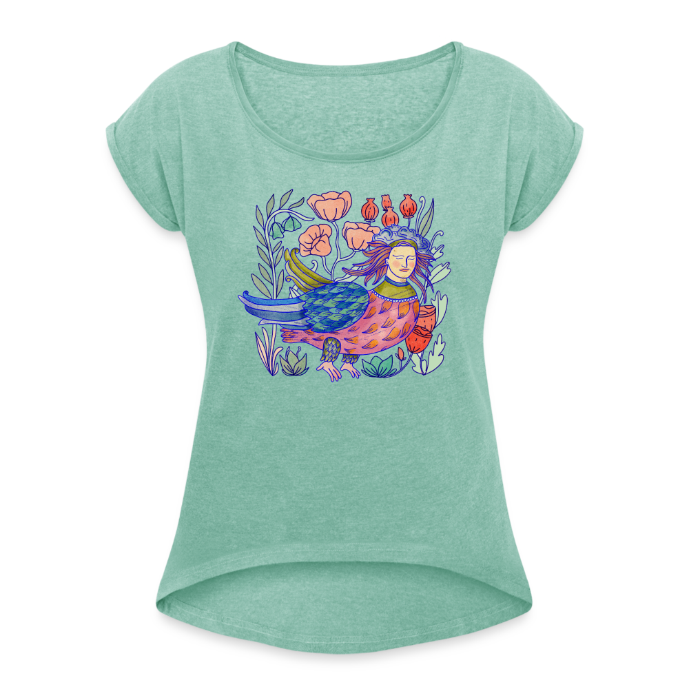 Frauen T-Shirt mit gerollten Ärmeln - “Bunte Sirin” - Minze meliert