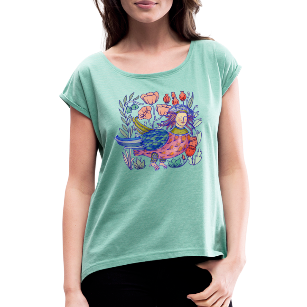 Frauen T-Shirt mit gerollten Ärmeln - “Bunte Sirin” - Minze meliert