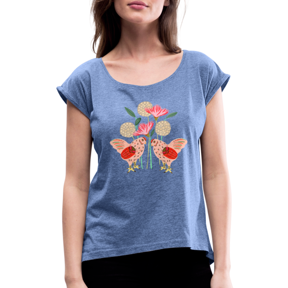 Frauen T-Shirt mit gerollten Ärmeln - “Kleiner Garten” - Denim meliert