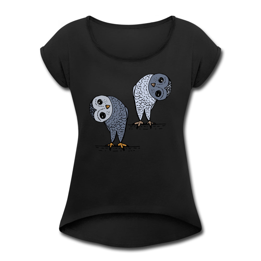 Staunende Eulen - Frauen T-Shirt mit gerollten Ärmeln - Hinter dem Mond