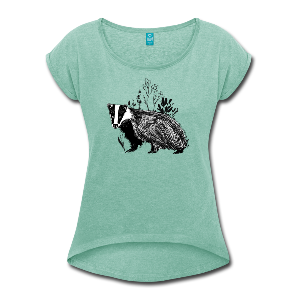 Frauen T-Shirt mit gerollten Ärmeln - "Dachs im Gras" - Hinter dem Mond