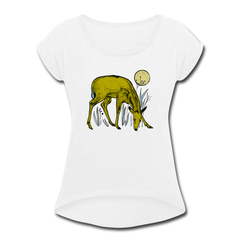 Frauen T-Shirt mit gerollten Ärmeln - "Reh in Olive" - Hinter dem Mond