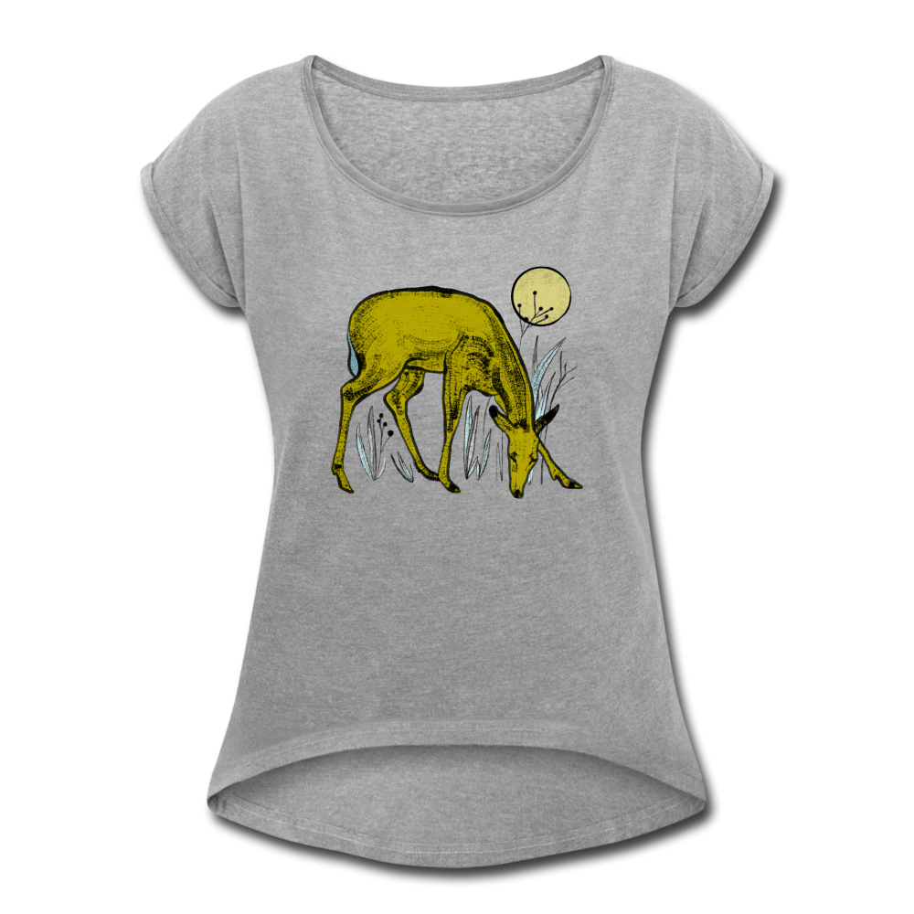 Frauen T-Shirt mit gerollten Ärmeln - "Reh in Olive" - Hinter dem Mond