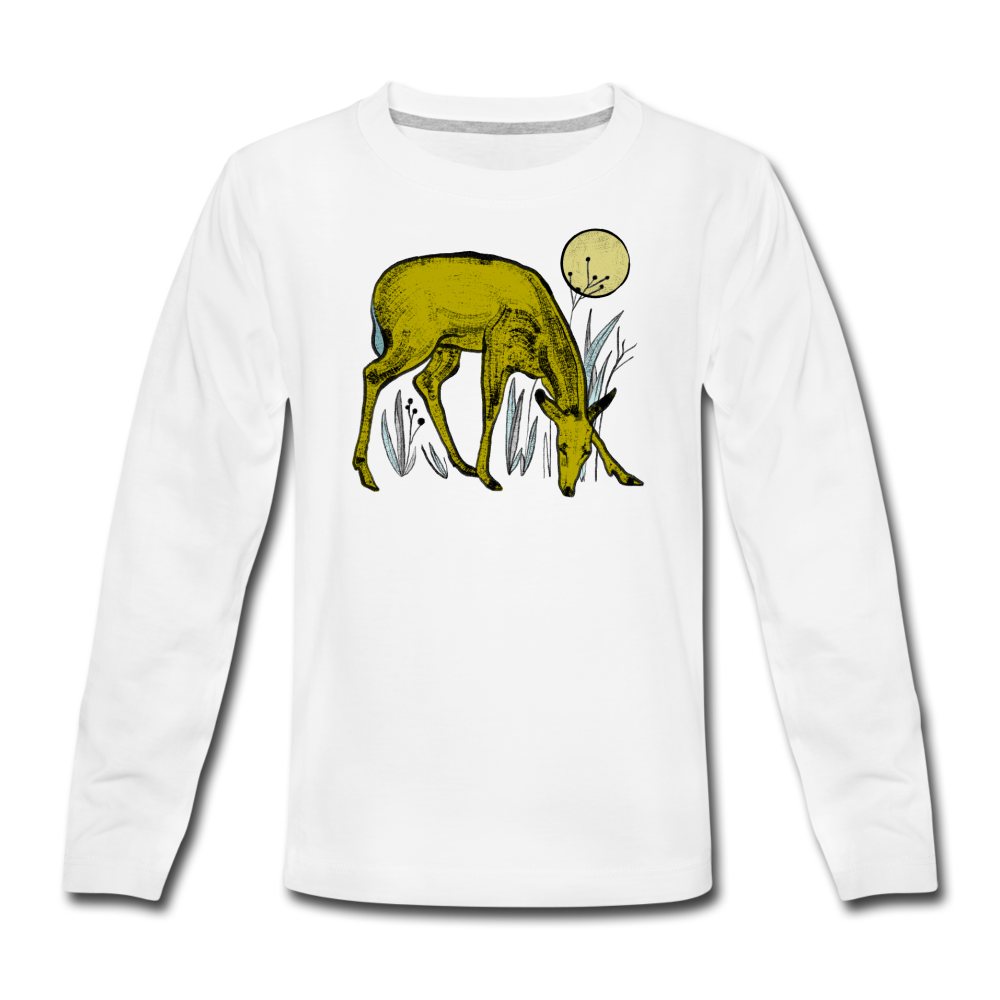 Kinder Premium Langarmshirt - "Reh in Olive" - Hinter dem Mond