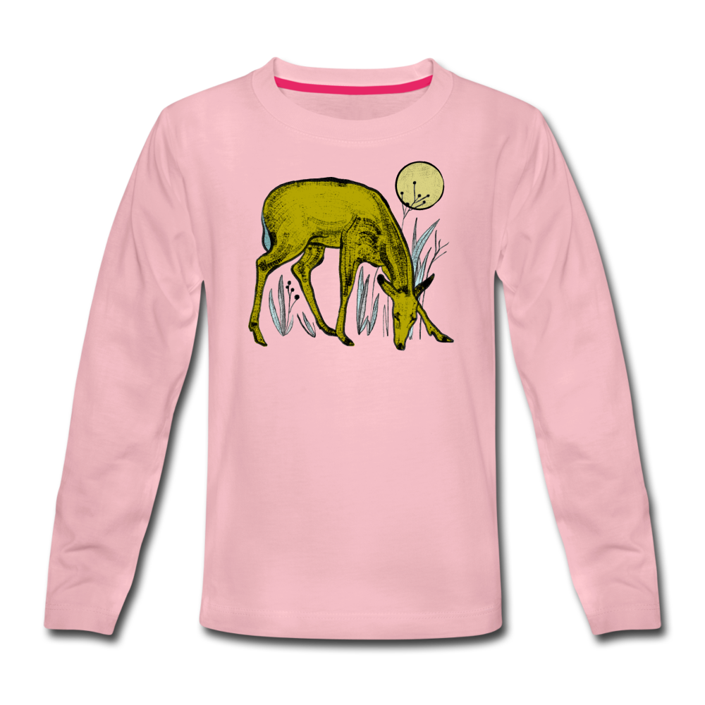 Kinder Premium Langarmshirt - "Reh in Olive" - Hinter dem Mond