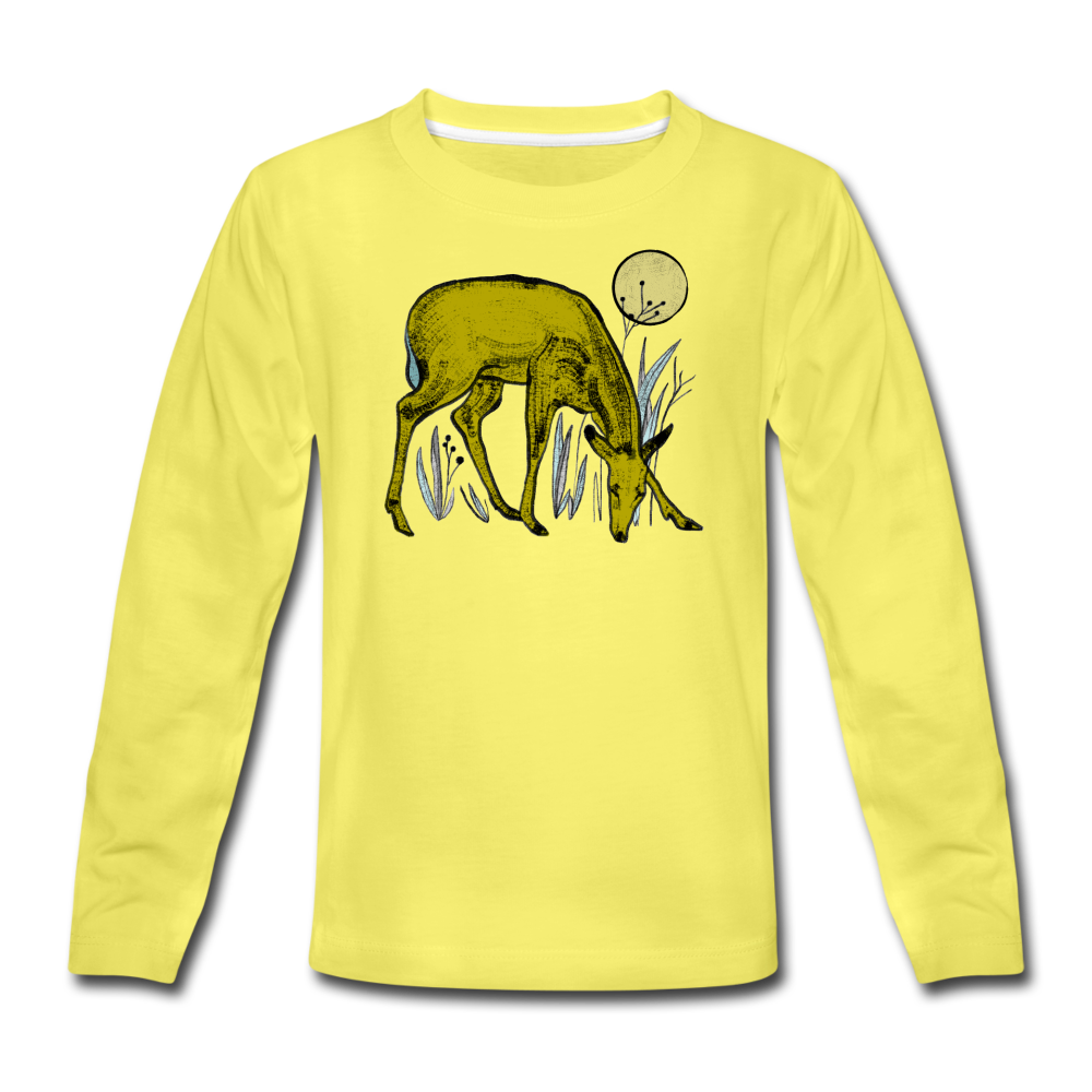 Kinder Premium Langarmshirt - "Reh in Olive" - Hinter dem Mond