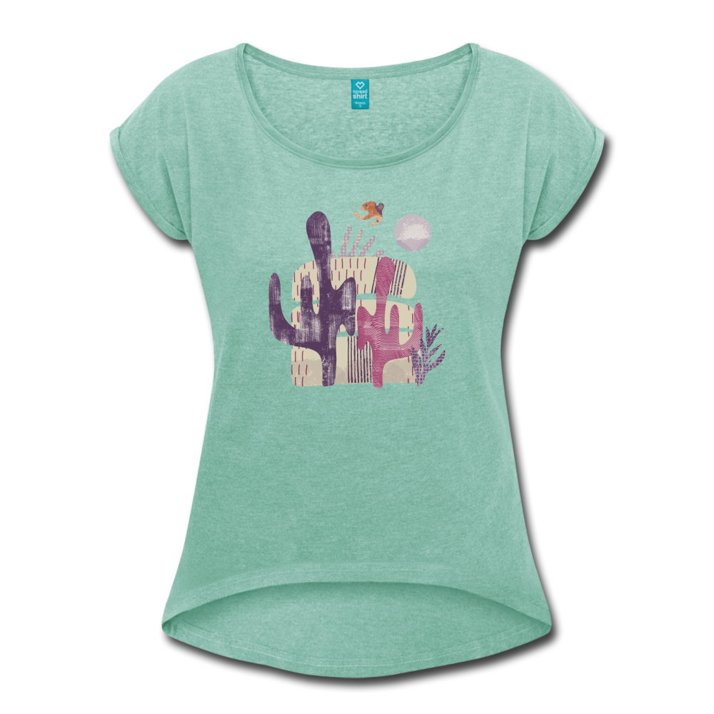 Frauen T-Shirt mit gerollten Ärmeln - "Wüste mit Vogel" - Hinter dem Mond