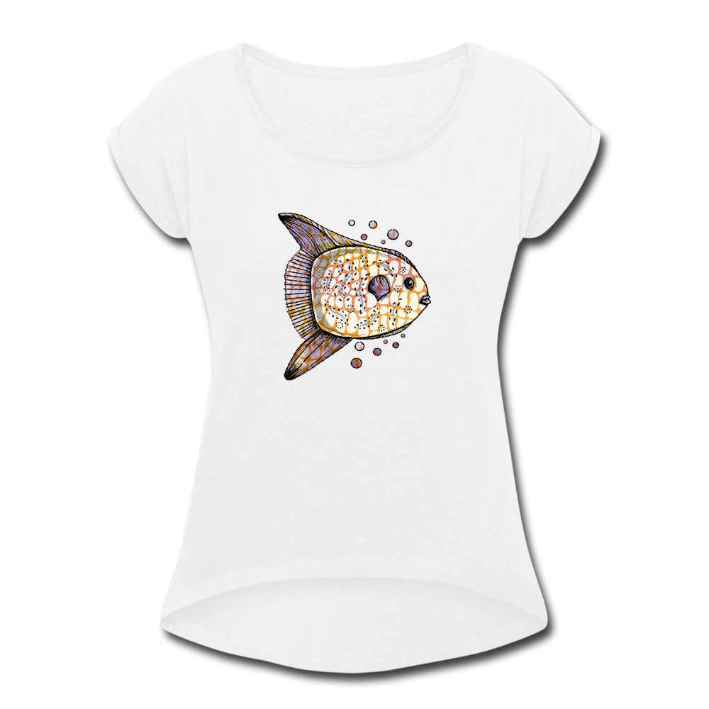 Frauen T-Shirt mit gerollten Ärmeln - "Fantastischer Mondfisch" - Hinter dem Mond