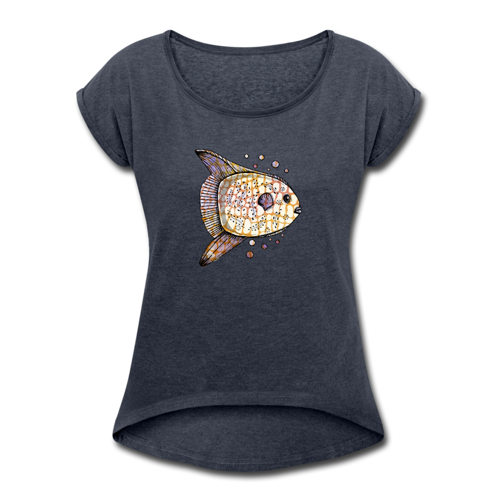 Frauen T-Shirt mit gerollten Ärmeln - "Fantastischer Mondfisch" - Hinter dem Mond