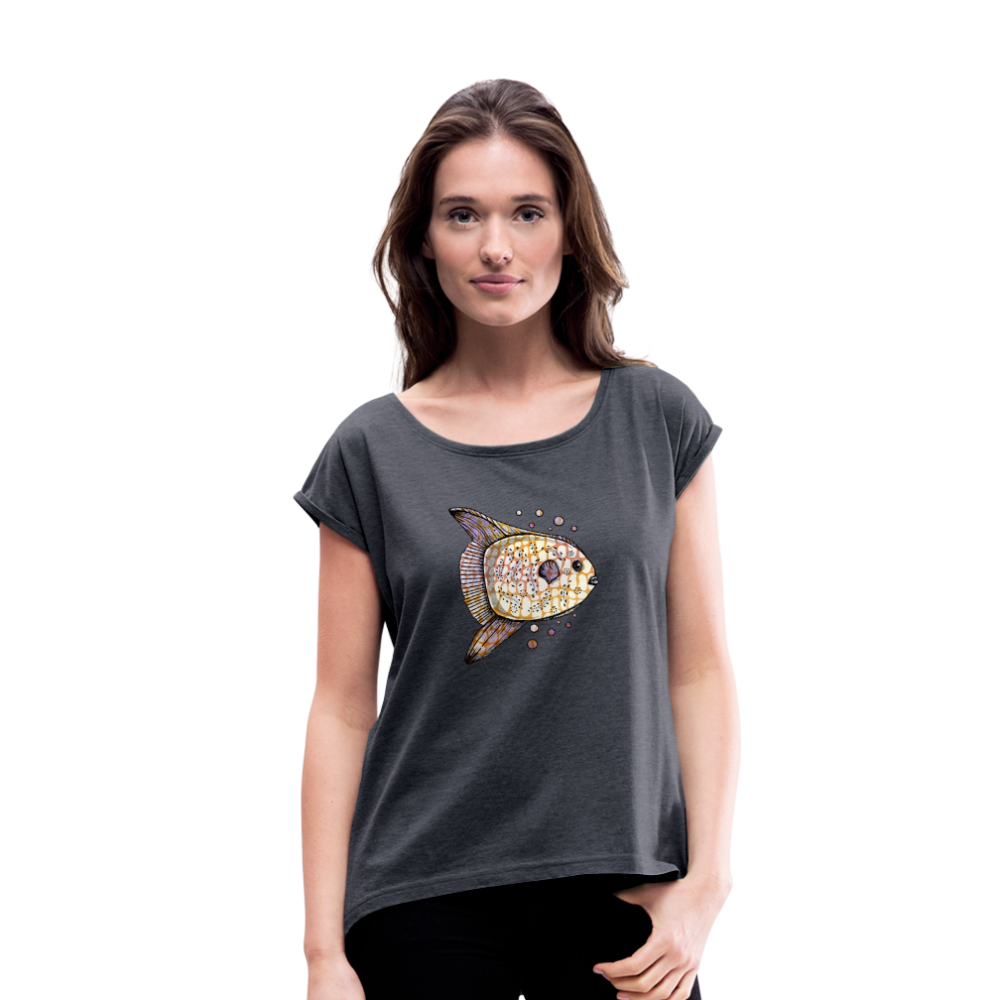 Frauen T-Shirt mit gerollten Ärmeln - "Fantastischer Mondfisch" - Hinter dem Mond