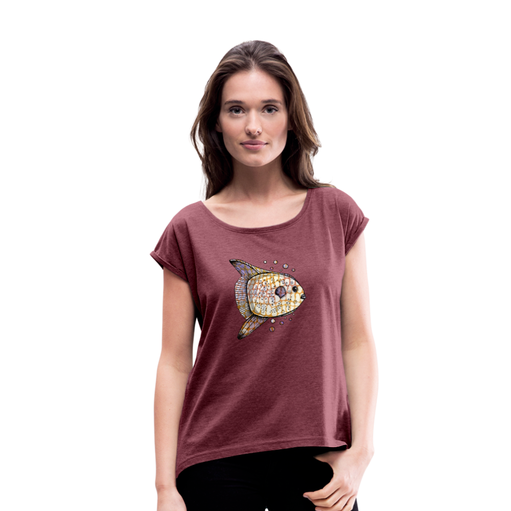 Frauen T-Shirt mit gerollten Ärmeln - "Fantastischer Mondfisch" - Hinter dem Mond