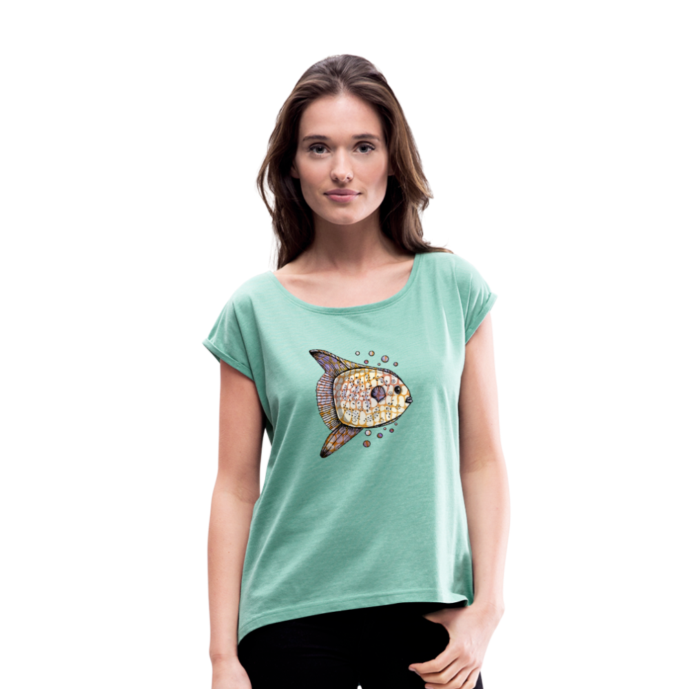 Frauen T-Shirt mit gerollten Ärmeln - "Fantastischer Mondfisch" - Hinter dem Mond