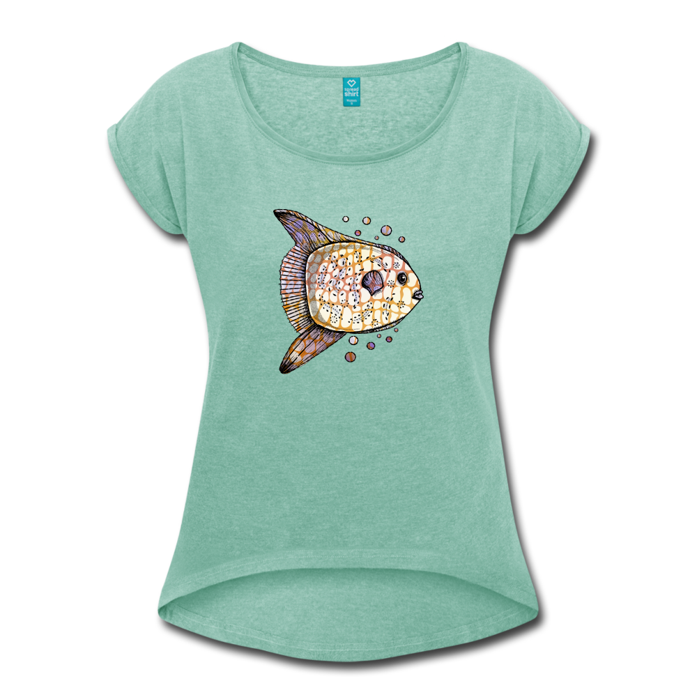 Frauen T-Shirt mit gerollten Ärmeln - "Fantastischer Mondfisch" - Hinter dem Mond